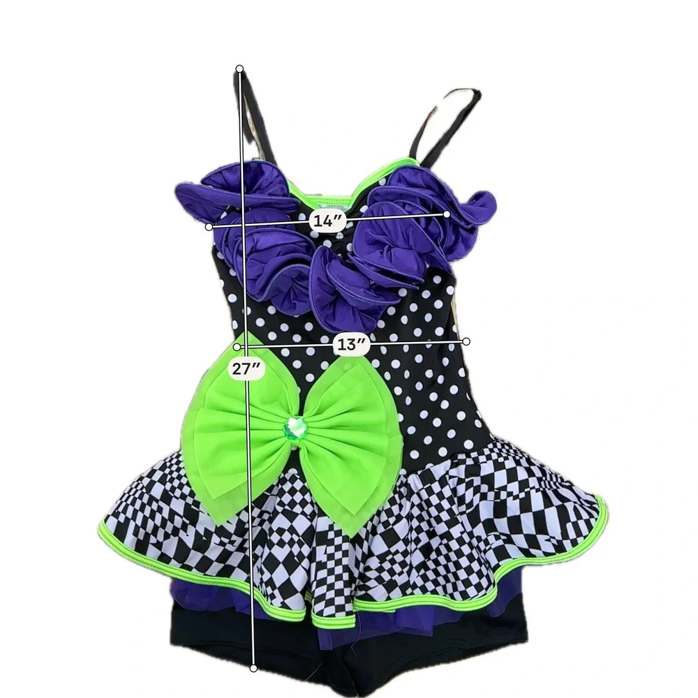 Weissman Dance Leotard Kids SA Black White Polka Dot Checkered Ruffle Costume